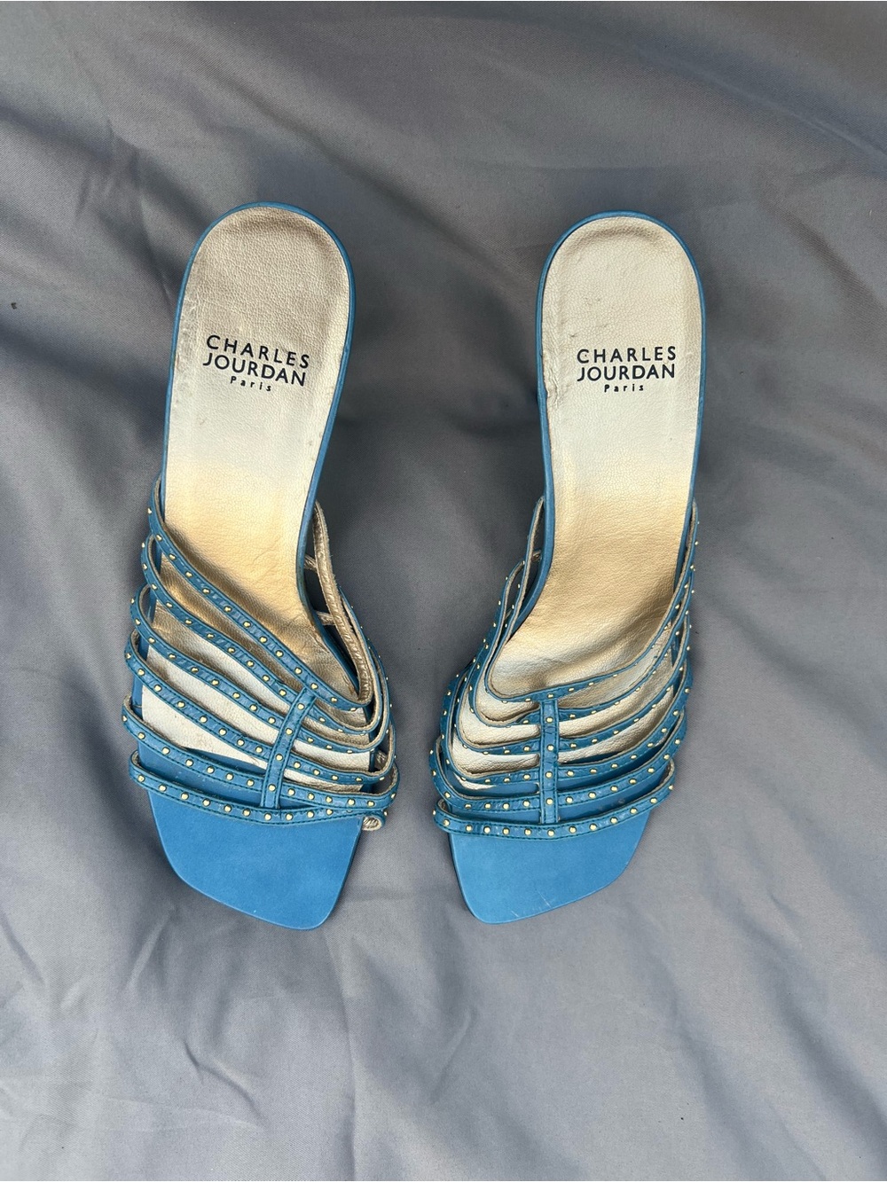 Charles Jourdan Blue Multi-Strap Studded Mules